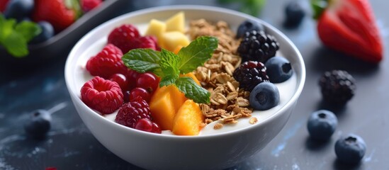 Wholesome yogurt bowl with mixed berries, tropical fruit and granola - nutritious fare
