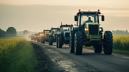 tractors on the road, in a demonstration for agricultural reform. created with ai