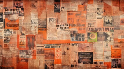 The background is old newspaper clippings in Orange color.