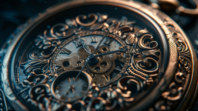 A close-up of a meticulously crafted pocket watch with ornate engravings and delicate hands indicating the time