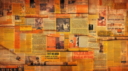 The background is old newspaper clippings in Saffron color
