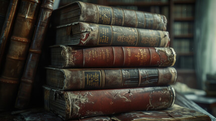 A series of stacked, weathered leather-bound books with cracked spines, revealing years of avid reading