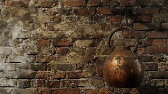 An industrial-style, aged copper kettle hanging on a hook against a textured brick wall © Textures & Patterns