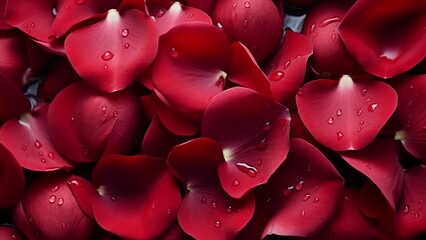 Background of red rose petals with water drops