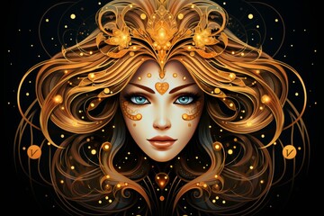 Golden virgo zodiac symbol shining brightly in vector style on black background, astrology theme
