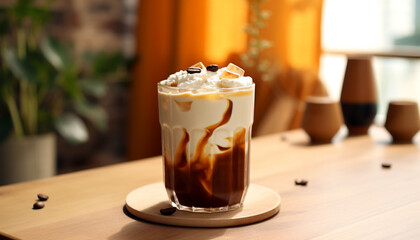 Refreshing coffee, creamy latte, sweet mocha, gourmet cappuccino, whipped cream generated by AI - obrazy, fototapety, plakaty
