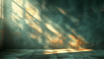 Background with dark gray stone wall and yellow sunlight, evening sun and shadows - obrazy, fototapety, plakaty