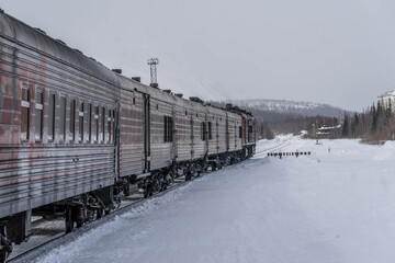The passenger cars and prison car (carriage) of the Russian train in the town of Harp,...
