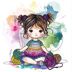 Obraz na płótnie Canvas A cartoon girl sits cross-legged on the ground, surrounded by balls of yarn. She wears a colorful knitted dress and has pigtails. The background is a watercolor of rainbow hues.