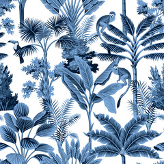Blue tropical vintage palm trees, plants, monkey, toucan floral seamless pattern white background. Exotic jungle wallpaper. - 738291883