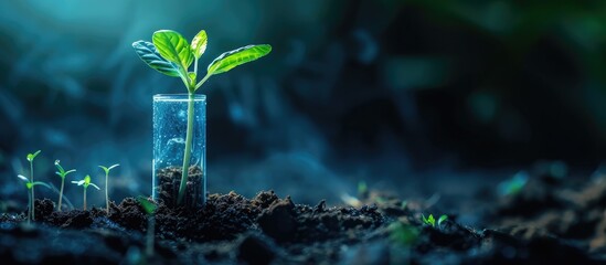 Biological science: plant growth using technology. Demo picture with glowing sprout in tube on dark background. - obrazy, fototapety, plakaty