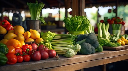 Farm market: fresh vegetables and fruits on the counter