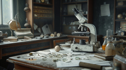 A dusty, antique microscope surrounded by glass slides and scientific notes on an aged laboratory...