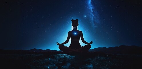 Silhouette of a woman sitting in yoga lotus pose and a space, meditation, the stars and open chakra, web banner, Generative AI	 - obrazy, fototapety, plakaty