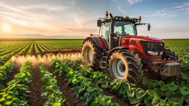 Tractor spraying herbicides on a soybean field under clear blue sky in the countryside