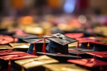 An array of black and red graduation caps laid out, highlighting the traditional regalia of graduation ceremonies