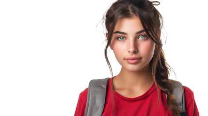 A young female with ponytail hair and light eyes wearing a red shirt and a backpack on transparent background.  - obrazy, fototapety, plakaty