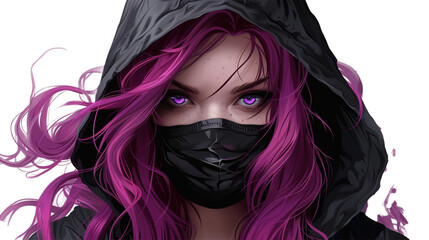 A young female with long pink hair and violet eyes wearing a black hoodie and a mask on transparent background. 