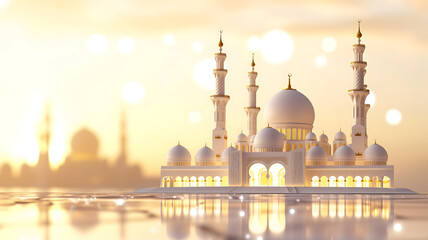 Ramadan mosque beautiful bright golden light background, neural network generated image