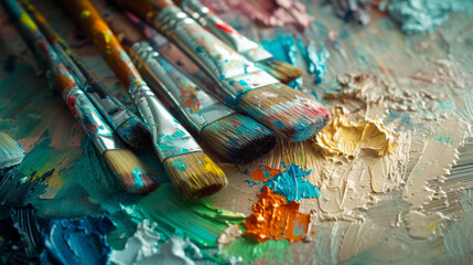Fototapeta premium A row of weathered, wooden artist's paintbrushes resting on an artist's palette splattered with vibrant colors