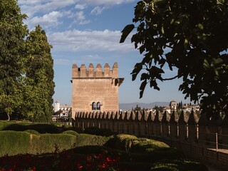 A bastion tower inside the Alhambra palace complex in Granada, Andalusia, Spain