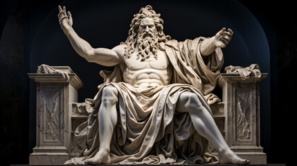 Antique marble statue of zeus sitting on a chair in a dark room. 