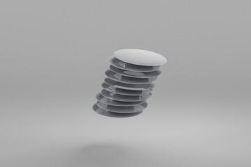 stack of white dishes falling on clean surface, isolated on infinite background; 3D rednering