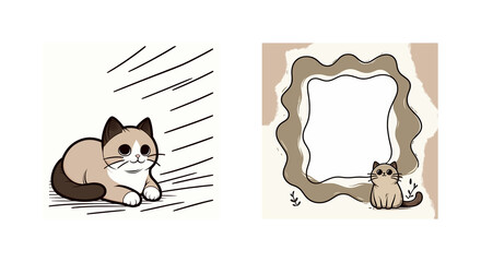 A frame with funny kitten, sepia-toned, made in vector style, on a white background, with empty space for text. Ideal for crafts, greeting cards, congratulations, and post backgrounds