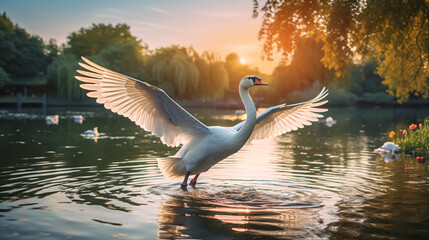White swan on the lake at sunset. The mute swan, Cygnus olor - obrazy, fototapety, plakaty