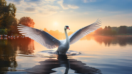 Beautiful white swan swimming on the lake at sunset. The mute swan, Cygnus olor.  - obrazy, fototapety, plakaty