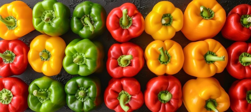 Colorful fresh bell peppers background with green, red, and yellow vegetables for vibrant backdrop