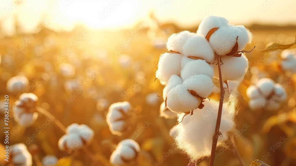 Poster sunlit cotton balls on branch in scenic summer field with ample text placement space