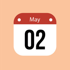 2 May calendar vector icon. Red May date for the days of the month and the week on a light background