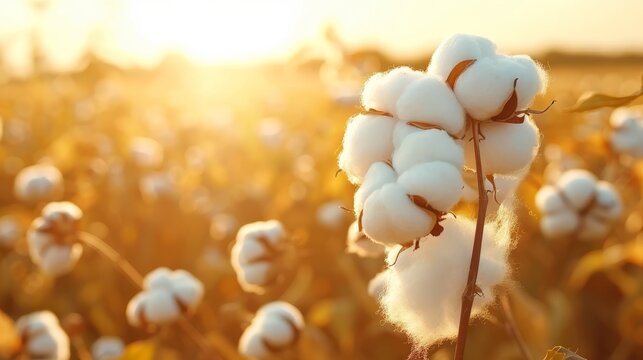 Sunlit cotton balls on branch in scenic summer field with ample text placement space