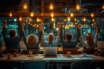 A team of professionals celebrating with raised hands in the office, showcasing successful project completion. Concept of teamwork and project accomplishment. Generative Ai.