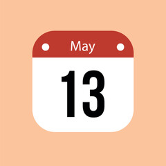 13 May calendar vector icon. Red May date for the days of the month and the week on a light background