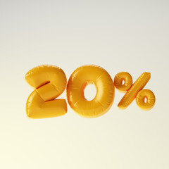 Inflated yellow twenty percent or 20 % isolated over white background. 3D rendering.