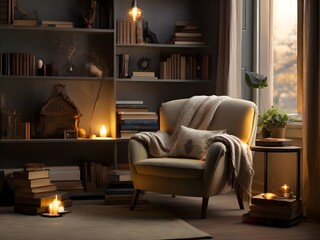 Pages & Comfort: Unwind in Style with a Well-Lit Reading Corner, Comfy Chair, Blanket, and Bookstack, generative AI
