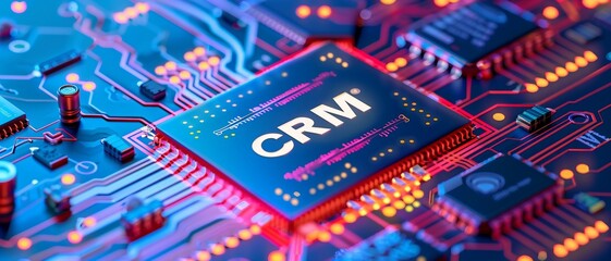 Close-up view of a microchip on circuit board  with "CRM" text, representing the concept of Customer Relationship Management.