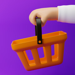 Сartoon hand holding shopping basket isolated over purple background. 3d rendering.