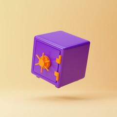 Falling purple safe box isolated over yellow background. 3d rendering.