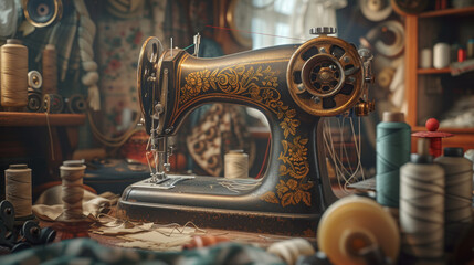 Fototapeta premium A vintage sewing machine with intricate detailing, surrounded by spools of thread and fabric scraps