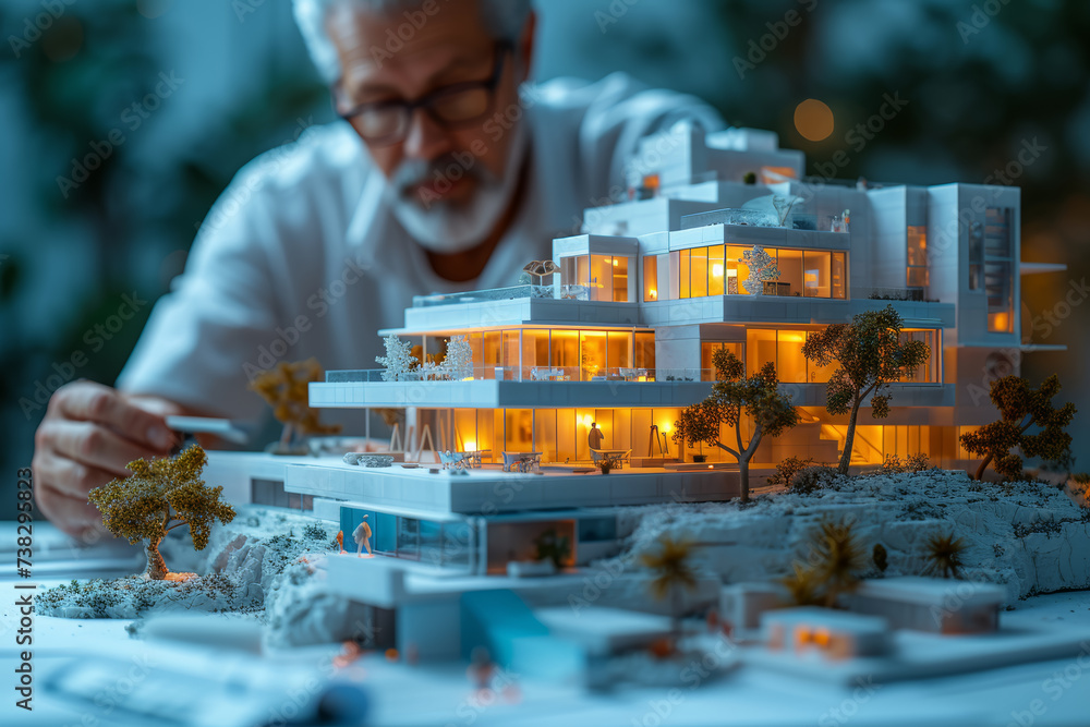 Poster an architect unveiling a innovative building design, contributing to advancements in architectural c