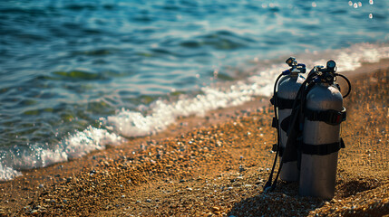 scuba diving gear on the beach shore