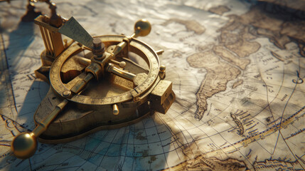 Fototapeta na wymiar A tarnished brass sextant placed on a nautical chart, reflecting a history of maritime navigation