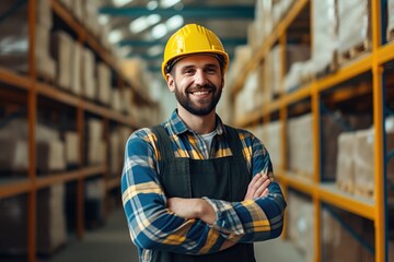 A smiling male worker in a yellow hard hat and blue checkered shirt poses crossed-arms in a warehouse