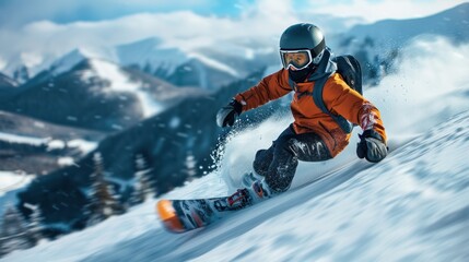 Fototapeta na wymiar A young snowboarder rides down an alpine mountain at high speed