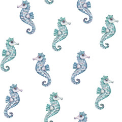 Seamless watercolor pattern with pink seahorses and bubbles on a white background. Hand-drawn illustration. Design for children's fabric, wrapping, cover, packaging. © Lidia