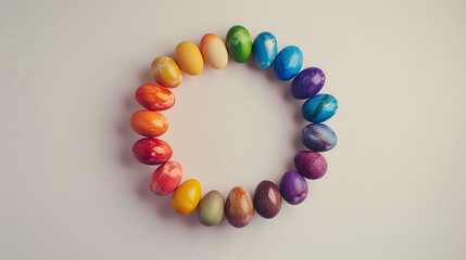 A stunning arrangement of dyed Easter eggs, forming a vibrant ring of colors against a soft, neutral background