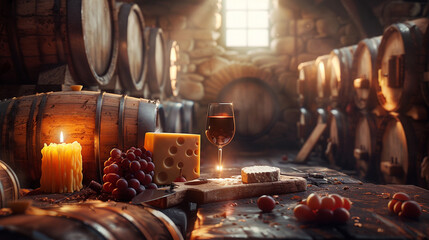 A cellar with a lot of barrels, a wine, a cheese, and a knife. A cork and a label are on the wine....